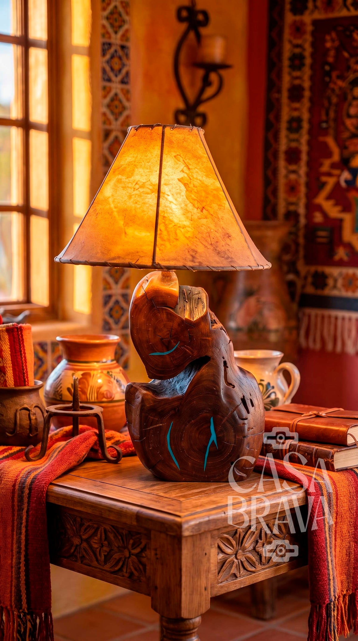 Southwestern Mesquite Lamp with Genuine Turquoise Stone